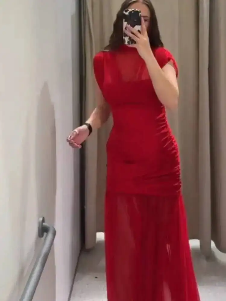فساتين طويلة أنيقة للحفلات المسائية بطيات حمراء أنيقة وأكمام طويلة شبكية مرقعة فستان نسائي صيفي لقضاء العطلات على الشاطئ