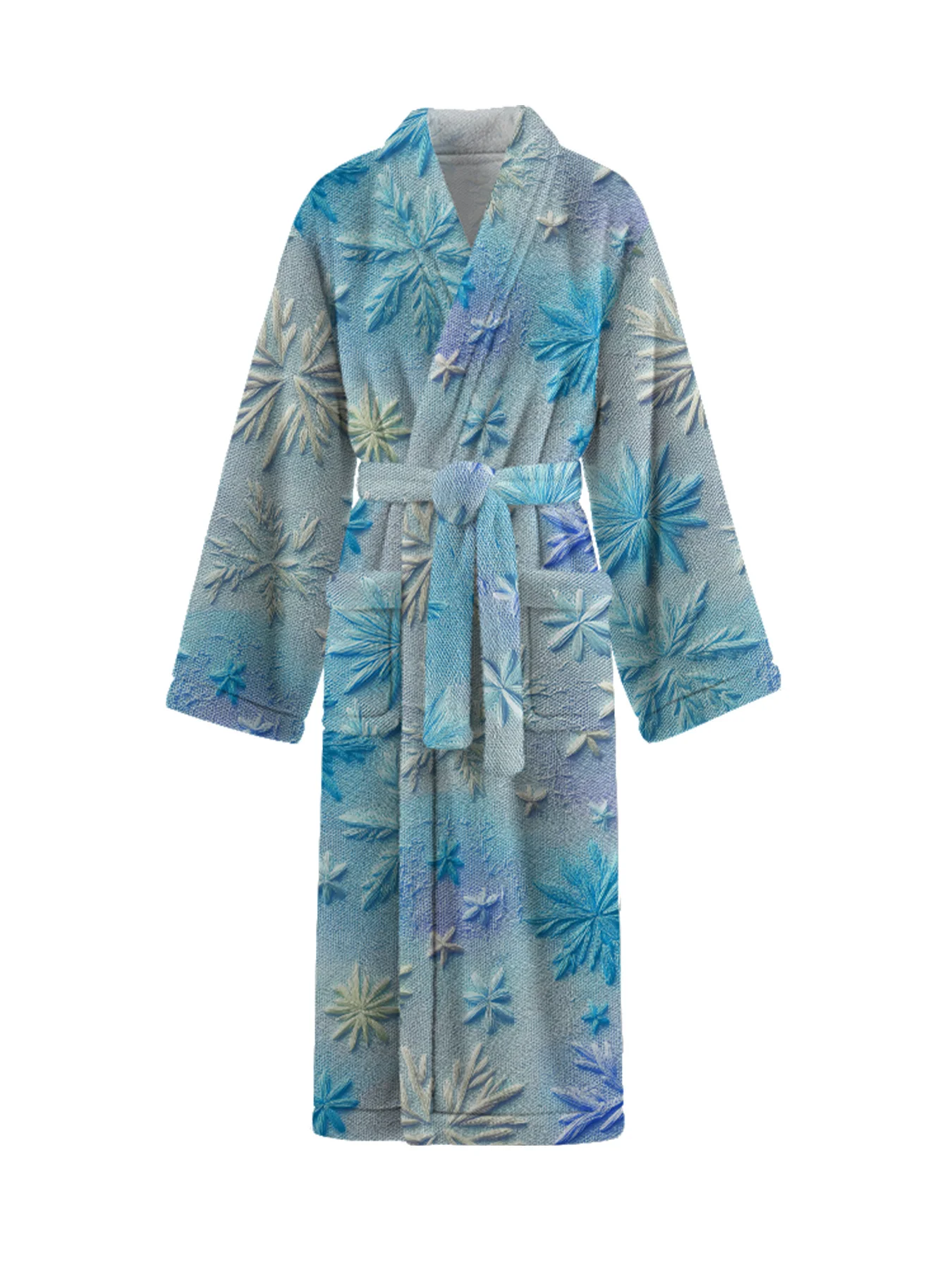 Cozy Winter Snowflake Print Robe with Red Brown Patterns Light Gray Soft Long Sleeve Pocketed Adjustable Tie for Home Loungewear