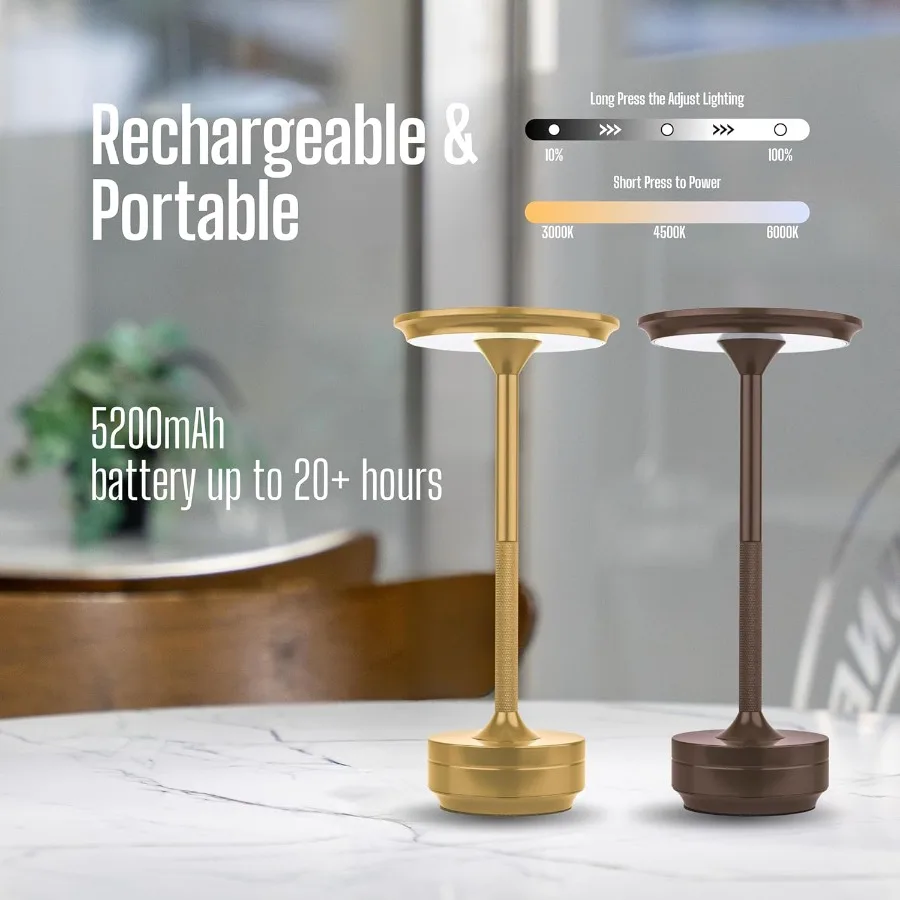 Draadloze oplaadbare aanraaklamp 5000 mAh batterij 20+ uur gebruik USB-C opladen 3 kleur- en helderheidsinstellingen Aluminium tafel La