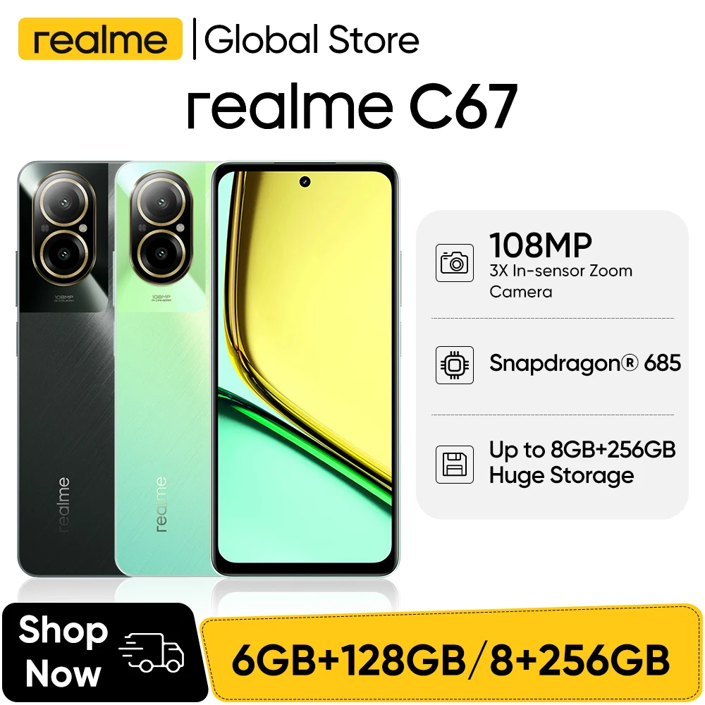 Realme C67 Snapdragon 685 108MP AI Câmera 6.72 ''90Hz Display Smartphone Octa Core Processador 5000mAh 33W Carga SUPERVOOC