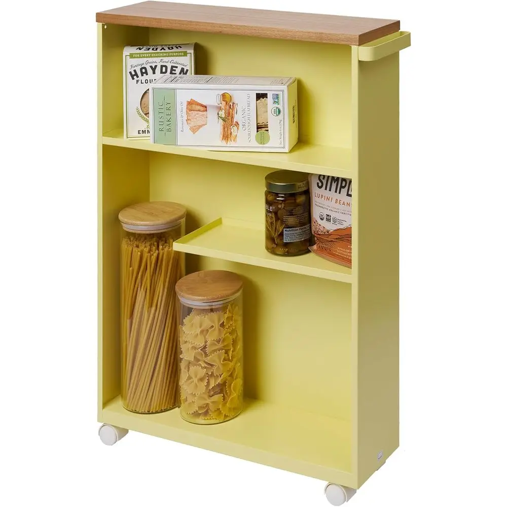 

Narrow Steel and Wood Rolling Storage Cart with Handle for Bathroom, Easy Assembly, Yellow, 27