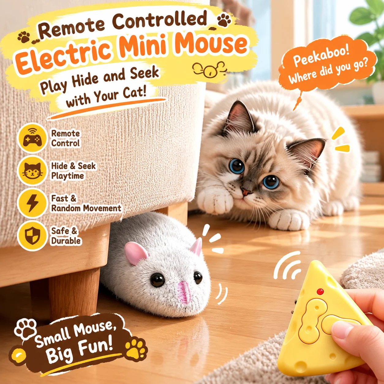Realistic Flocking RC Mouse Toy, Wireless Remote Control Rat for Cat Interactive Play & Funny Prank, Novelty Pet Gift