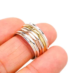 StarGems Natural Spinning Three Tones Five Layer Hammered Handmade 925 Sterling Silver Ring A4596