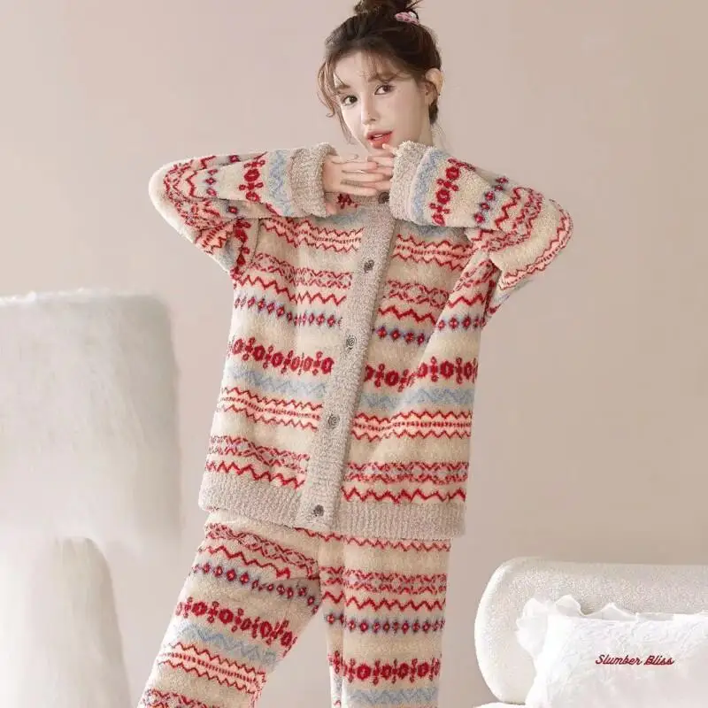 الخريف الشتاء الدافئة المخملية ملابس خاصة المرأة الرجعية الراقية الشعور بيجامة مجموعة مريحة كبيرة الحجم النوم المتسكعون في الهواء الطلق #5