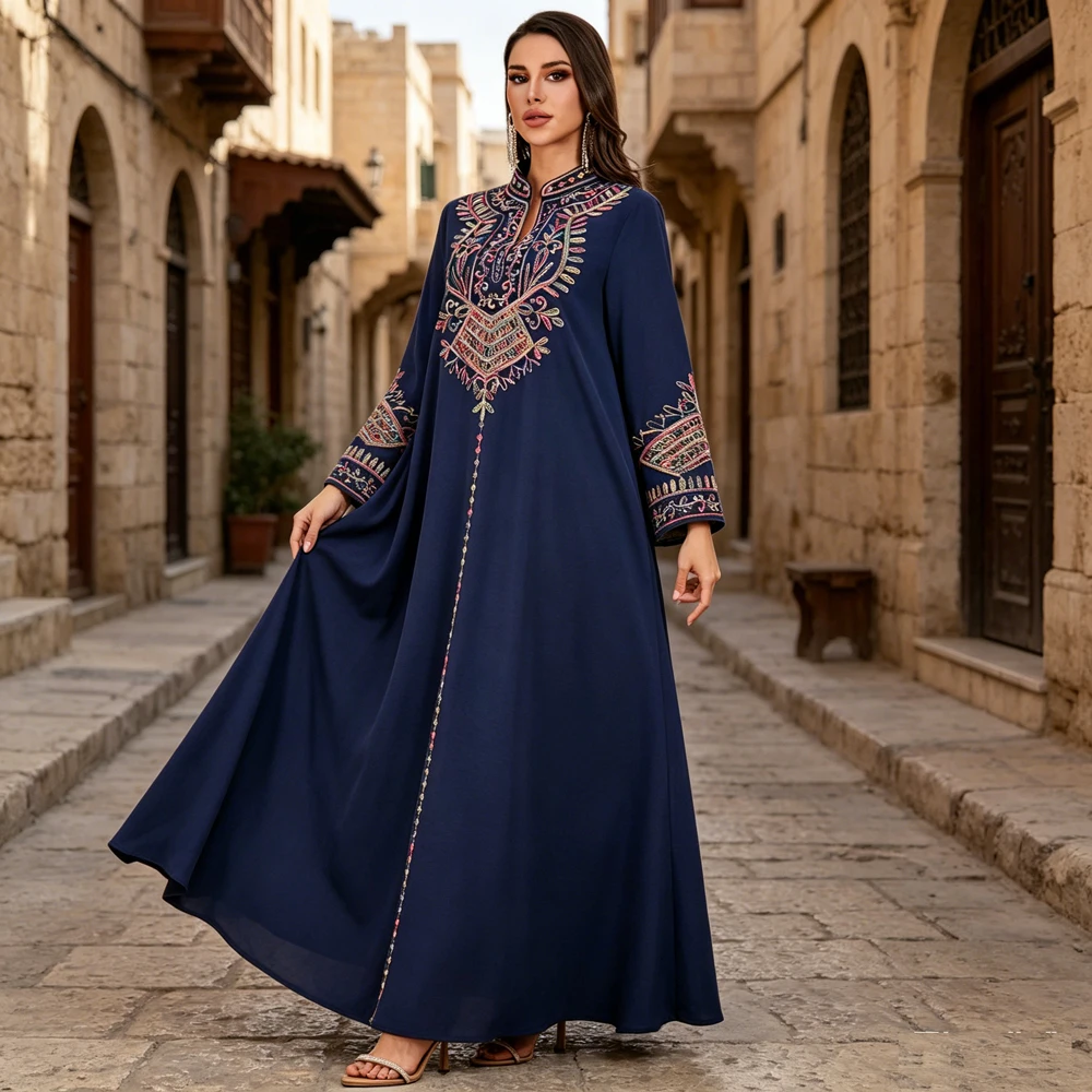 

Luxury Stand Collar Embroidery Kaftan Women Dubai Long Maxi Dress Elegant Turkish Jalabiya Casual Wedding Evening Party Abaya
