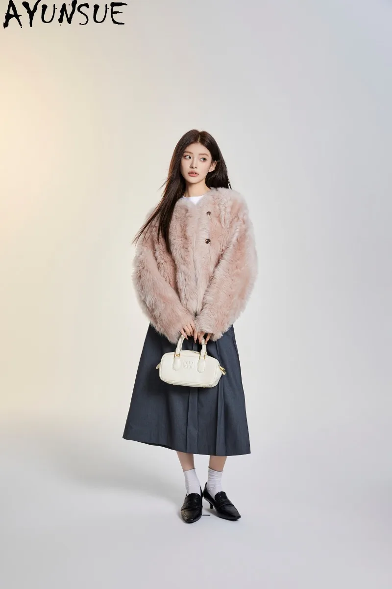 AYUSNUE Womens Toscana Shearling Coat Round Collar Clothes Short Length Simple Ladies Winter Clothing Real Sheepskin Fur Jacket