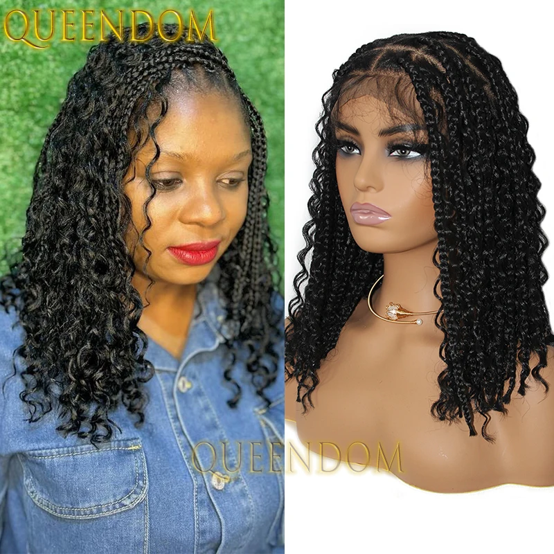 Synthetic Dreadlock Bohemia Braid Wig Full Lace Crochet Box Braided Wig With Curly End 12 Inch Knotless Cornrow Plait Braids Wig