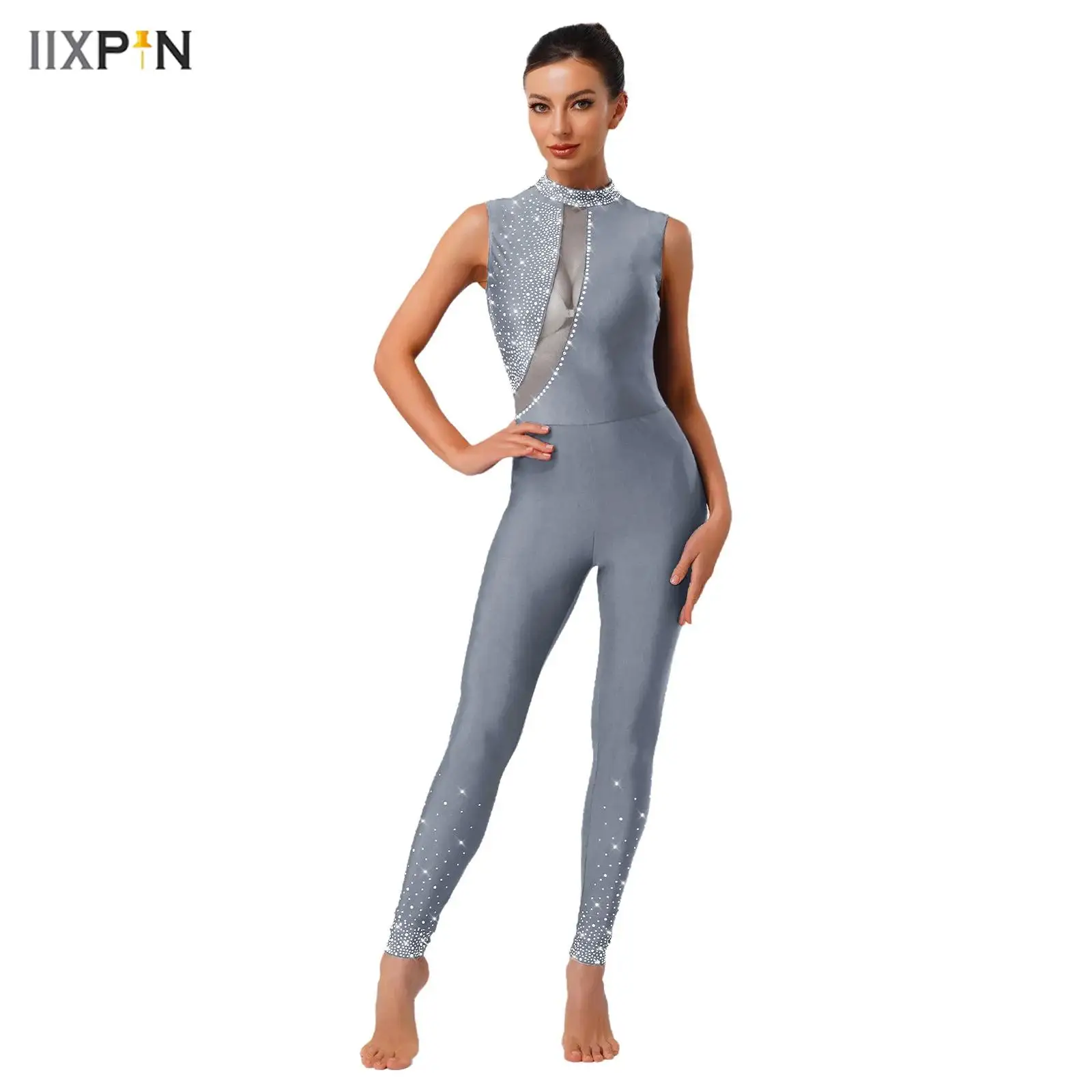 

Женский гимнастический комбинезон-комбинезон, боди с блестящими стразами, облегающий комбинезон без рукавов для танцев для соревнований по йоге