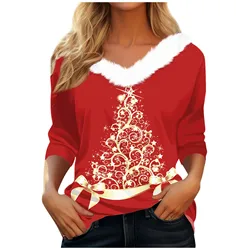 Women's T Shirt Tee Christmas Shirt Long Sleeve Party Christmas Fleece Collar V Neck  Top