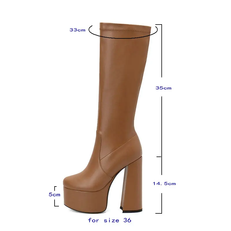 2022 Women Knee High Boots Platform Square High Heel Ladies Calf Boots Faux Leather Round Toe Side Zipper Women\'s Boots Big Size