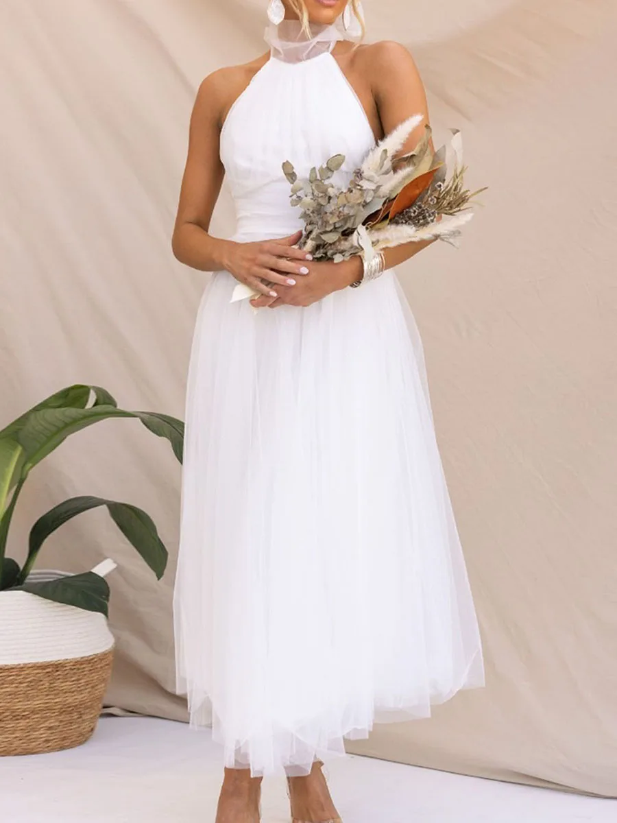 

Women’s Backless Long Dress Adjustable Tie Halter Neck Tulle High Waist Solid Party Wedding Dress