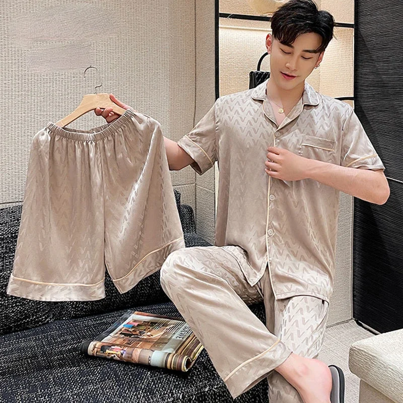 Ice Silk Pajamas Men Three Pieces Suit Short Sleeve Long Pants Shorts Sleepwear Summer Loungewear Luxury Brand Lounge Set