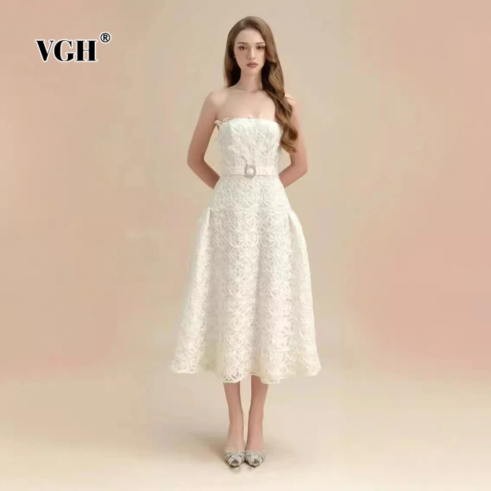 

VGH Sweet Slimming Solid Dinner Dresses For Women Strapless Sleeveless Backless High Waist Spliced Belt Chic Dress Female New