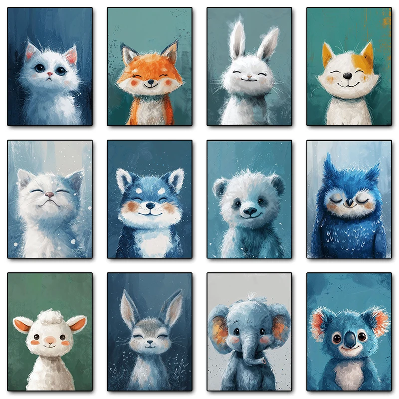 Funny Cute Smile Animals Kitten Koala Fox Lamb Posters Canvas Printing Vintage Wall Art Picture for Living Room Home Decor Gifts