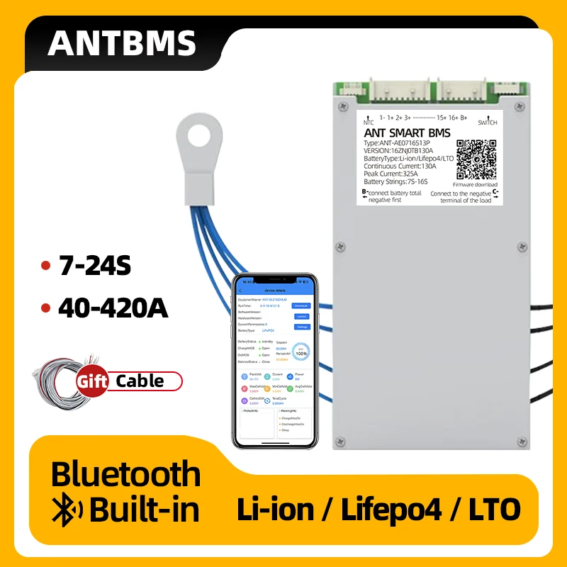 

ANT BMS Smart BMS 7S 8S 9S 16S 17S 18S 19S 20S 21S 22S 23S 24S Li-Ion LiFePo4 LTO 48V 130A 420A 1050A Balance Bluetooth Built-in