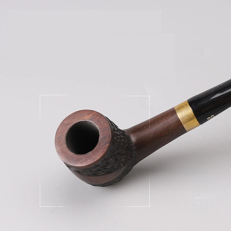 MUXIANG Handmade Carved Ebony Wood Tobacco Pipe 9mm Filter Straight Stem With Metal Ring Decor Handheld Smoking Pipe Men’s Gift