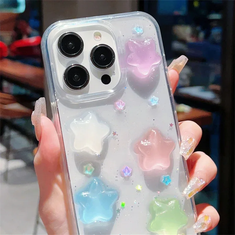 Cute Candy Star Shining Clear Case For Iphone 16 15 14 13 12 11 Pro Max Glitter 3D Epoxy Soft Cover Korea Girl Shell