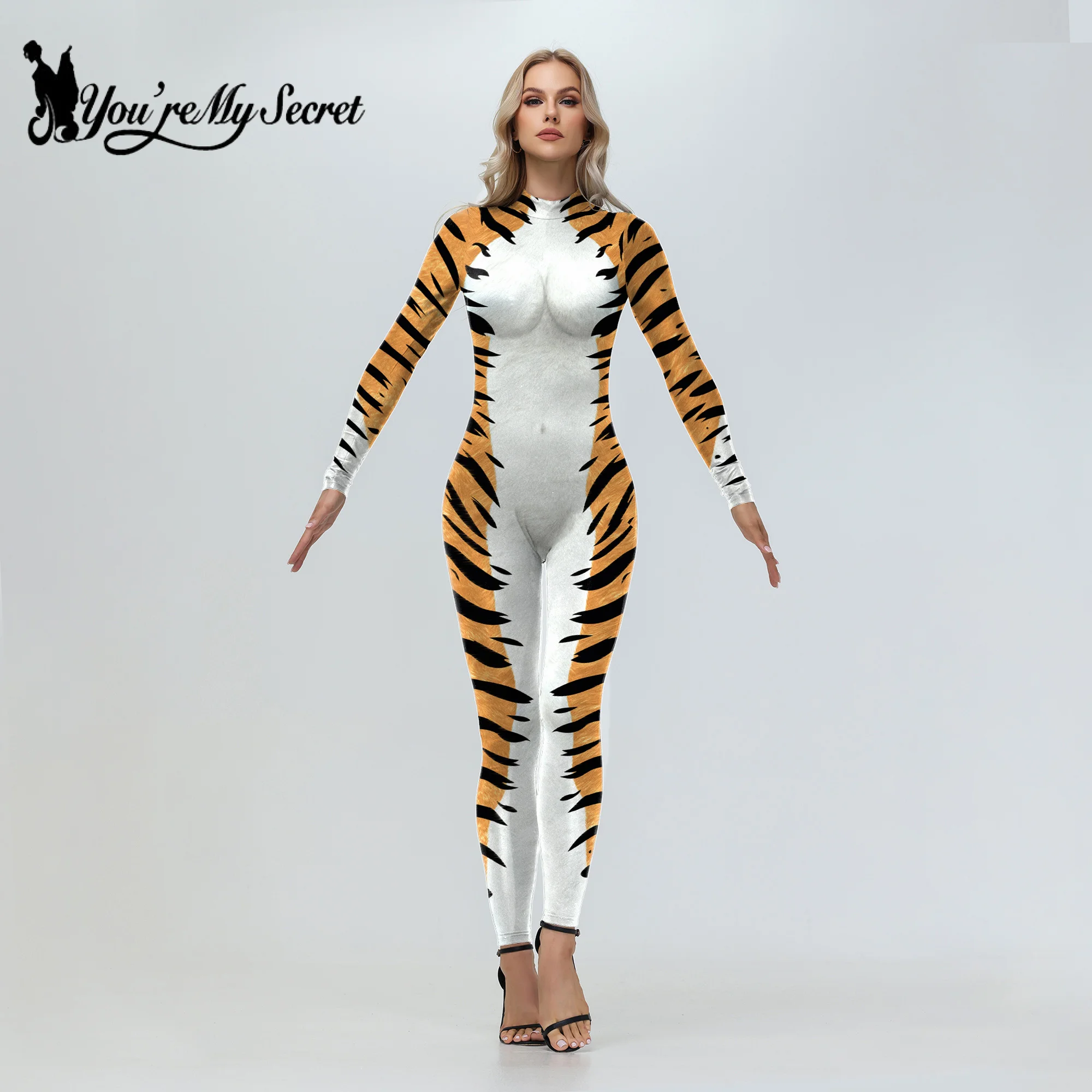 [You\'re My Secret] Adult Women Animal tiger Print Dress Up Bodysuit Halloween Purim Carnival Party Disguise Cosplay Costumes