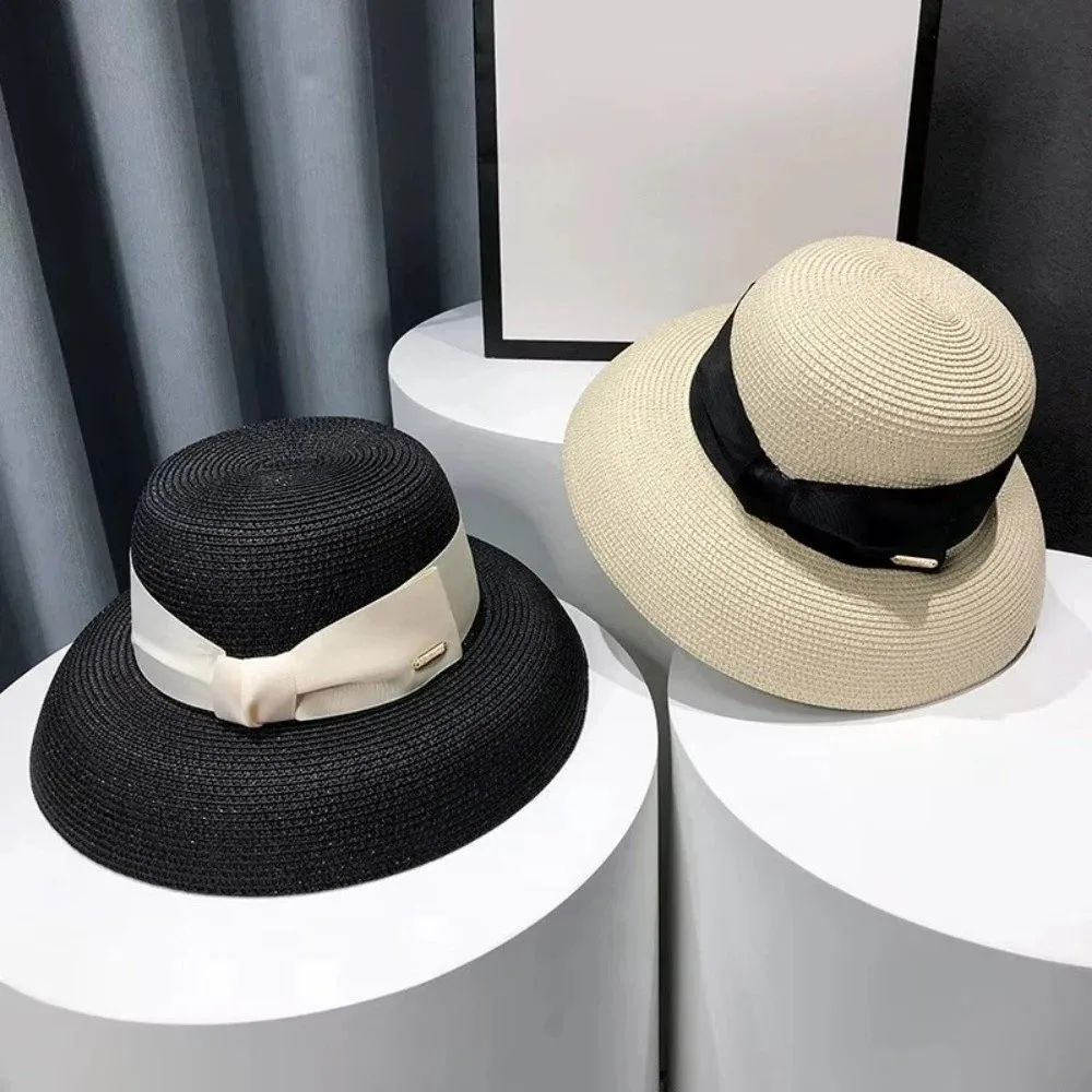 French Summer Women Straw Hat Wide Brim UV Resistant Beach Sun Hat Hepburn Style Face Covering Sun Hat For Beach Vacation