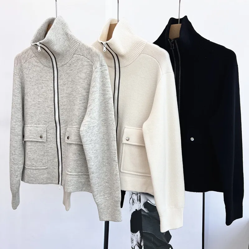 New 2024 Autumn And Winter Sweater Cardigan High Collar Long Sleeve Chain Zipper Pocket Loose Cashmere Knitted Jacket Coat