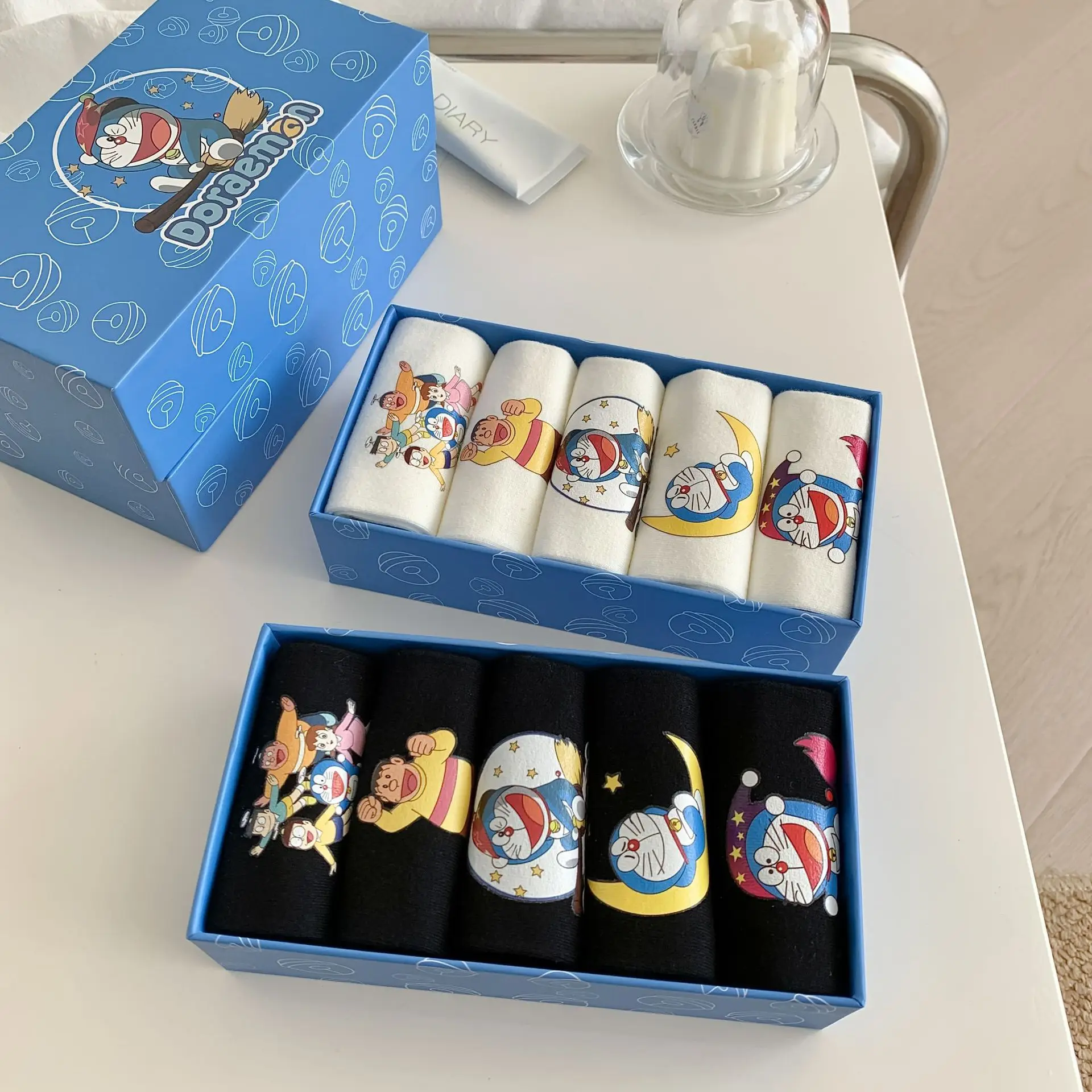 

Набор из 5 пар черно-белых носков унисекс для пар Doraemon — универсальные студенческие носки, носки с короткими манжетами, низкие носки-лодочки,