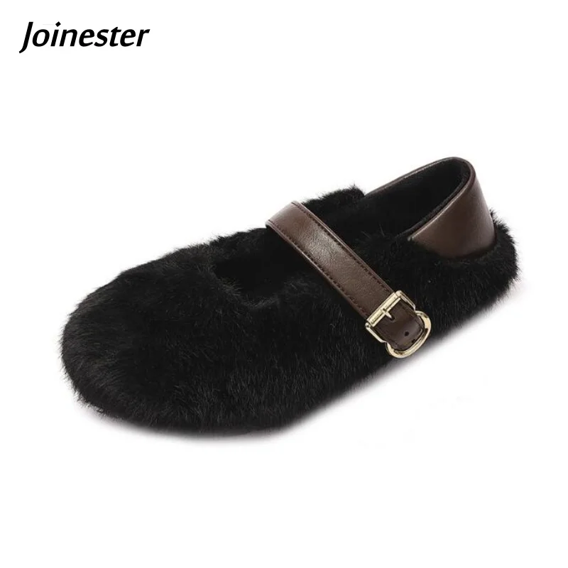 

Women Faux Fur Mary Jane Flats for Winter Pure Color Buckle Strap Casual Shoe Ladies Fashion Soft Comfort Short Plush Warm Shoes
