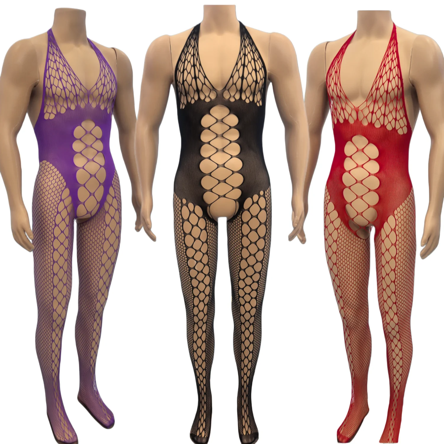 Men Deep V Fishnet Bodysuit Hollow Cut Out Full Body Stockings Open Crotch See Through Mesh Jumpsuit Elastic Sexy Lingerie Hot