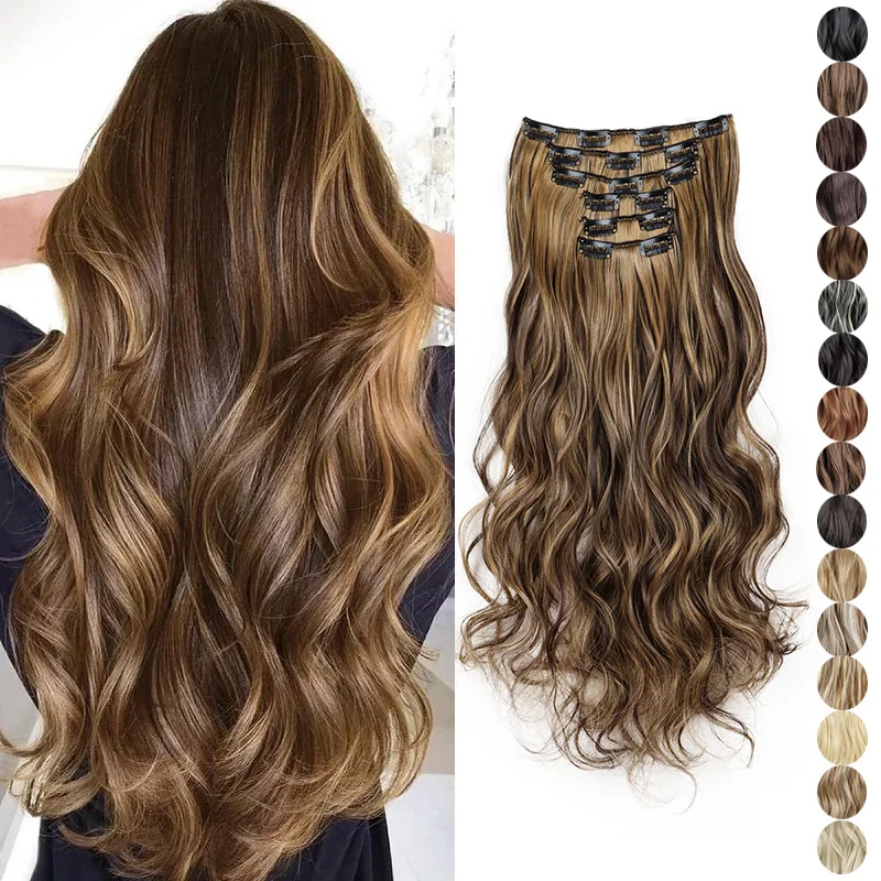 24Inch Synthetic Long Wavy Curly Clip in Hair Extension 6pcs/set Thick Black Blonde Hairpiece for Women