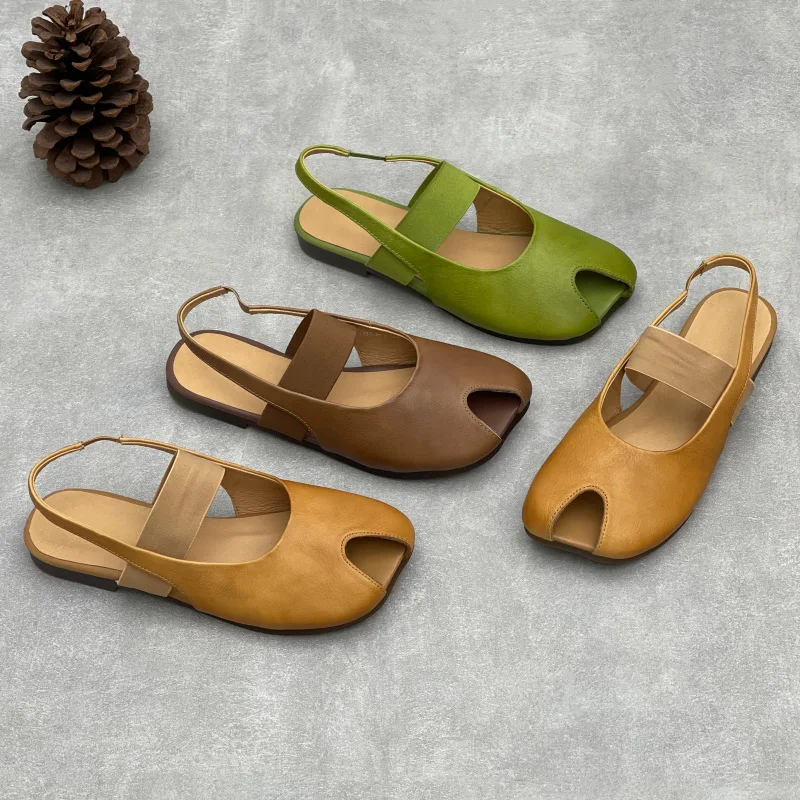

2026 Summer New Women's Flat Sandals Soft Cowhide Handmade Comfortable Breathable Round Toe Genuine Leather Woman Shoes Size 40