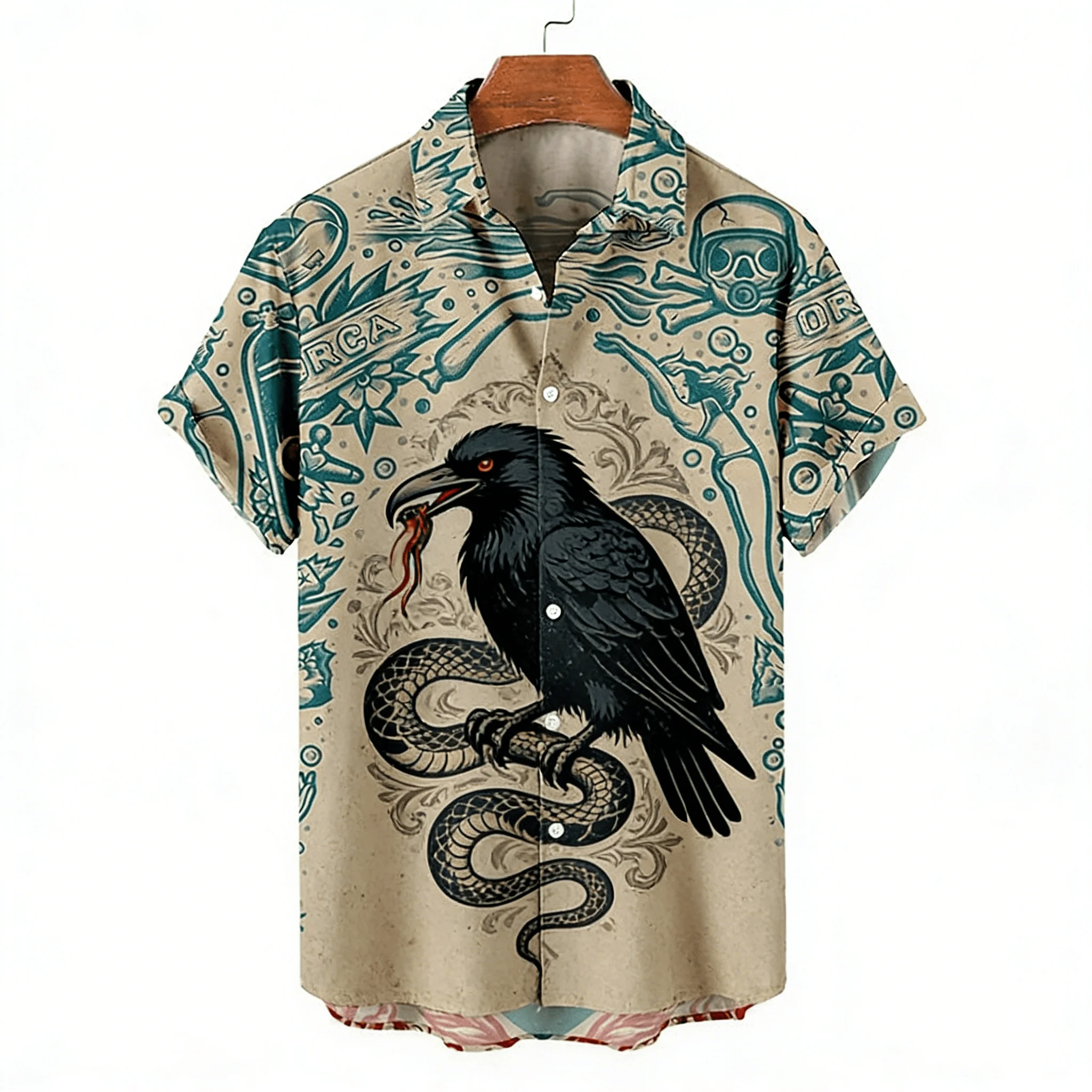 Summer Casual Shirt, Vintage Raven and Snake Tattoo with Nautical Motifs, Turn-Down Collar Top for Retro Street Style