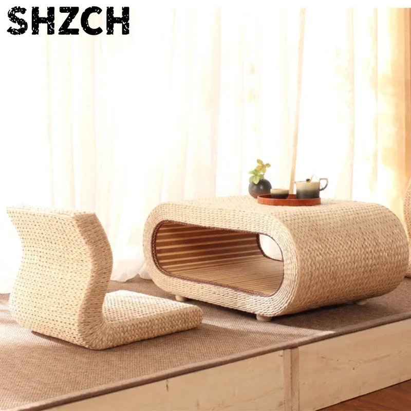 Japanese Living Room Coffee Desk Handmade Grass Weaving Tea Table Bay Window Balcony Rectangular Rattan Straw Low Kang Tables
