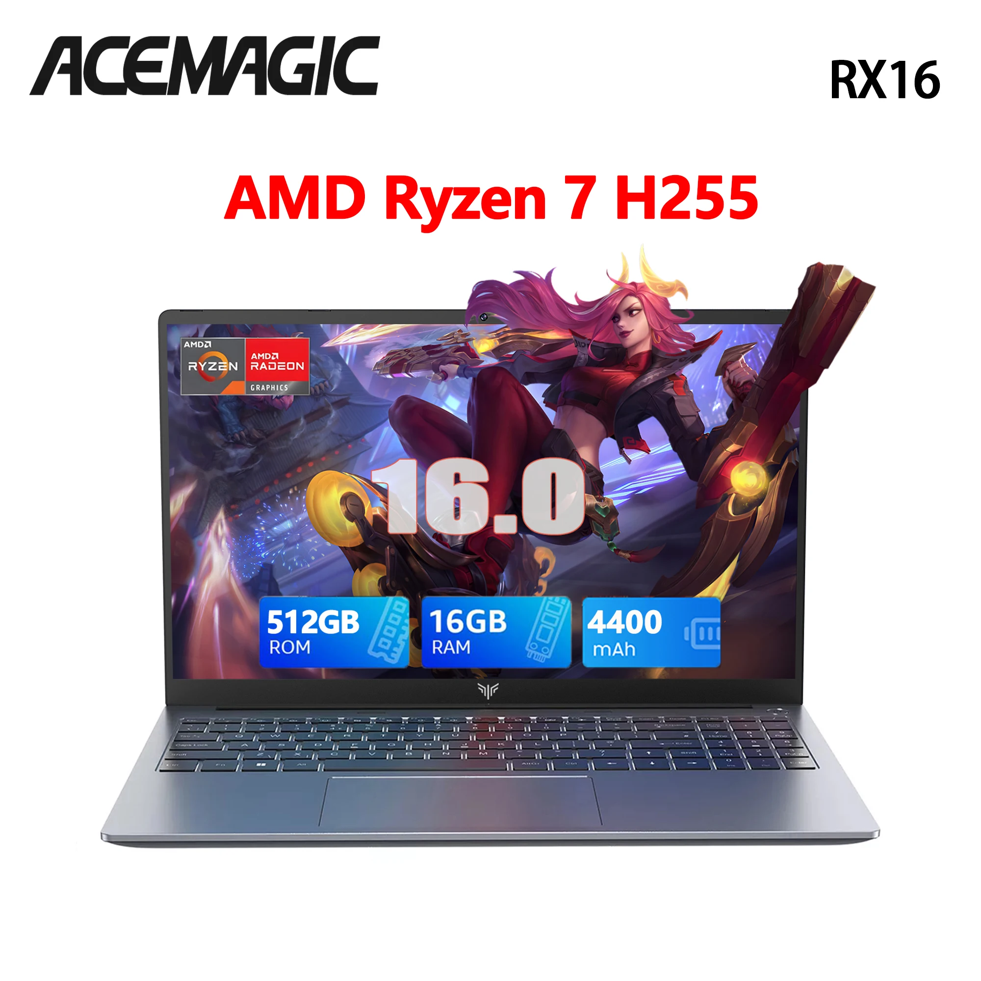 Portátil ACEMAGIC de 16 pulgadas FHD para juegos, AMD Ryzen 7 7735HS/H255, 16 GB de RAM, 512 GB SSD, Windows 11 Pro, teclado retroiluminado, Wifi6, BT5.2