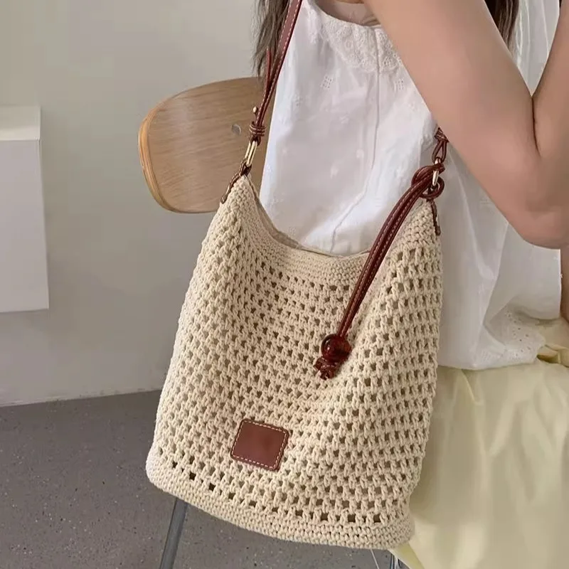 Relaxed Lazy Style Hollow Weave Shoulder Tote, 2026 New Summer Beach Bag Ideal for Travel and Seaside Vacation