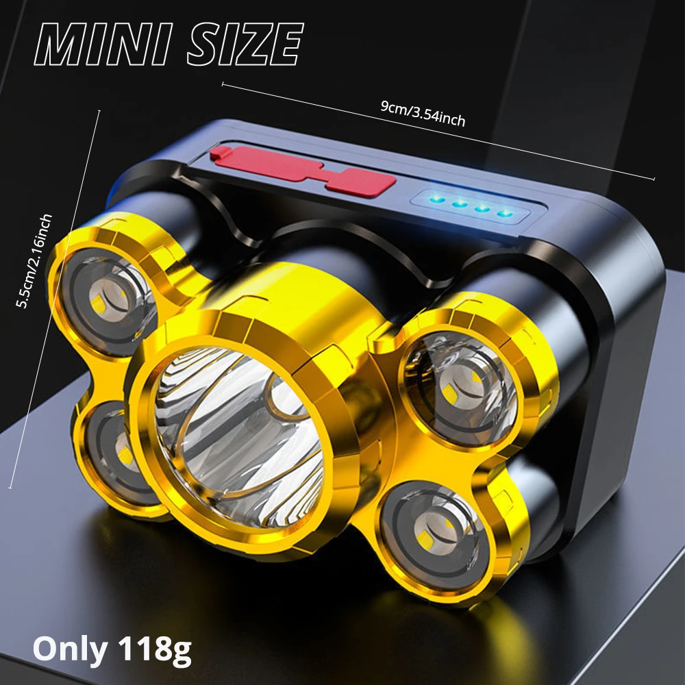 5LED Headlamp USB Rechargeable Headlight Waterproof Hand Torch Built-in Battery Lamp Power Display Flashlight Fishing Lights
