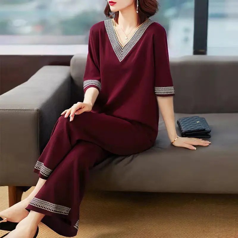 Casual Loose Two Piece Set Straight Wide Leg Pants V-neck Pant Sets Pullovers 3/4 Sleeve Elegant 2023 New Women\'s Clothing