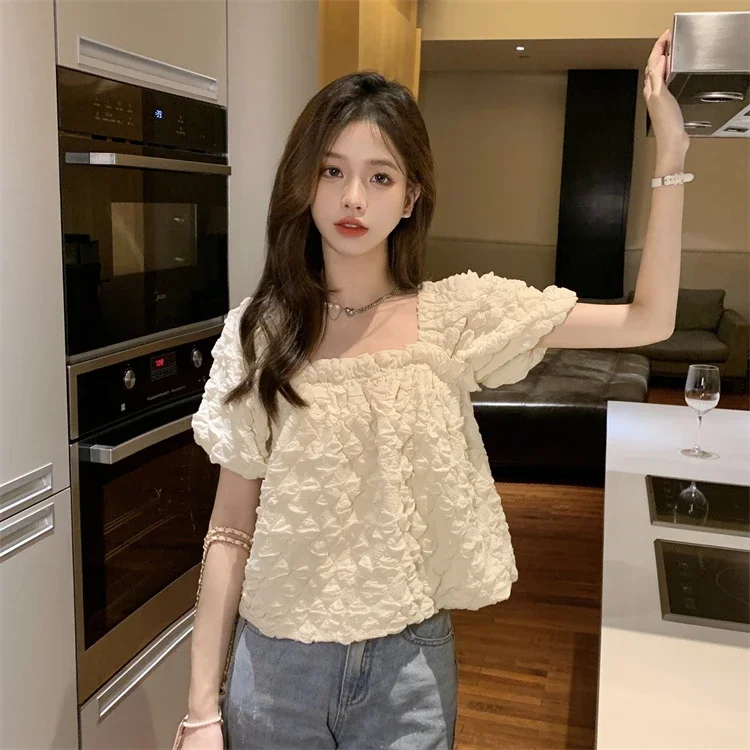 

Blusas Mujer De Moda, милые блузки, женская одежда, туника с квадратным воротником и пышными рукавами, укороченные топы, свободные корейские летние рубашки