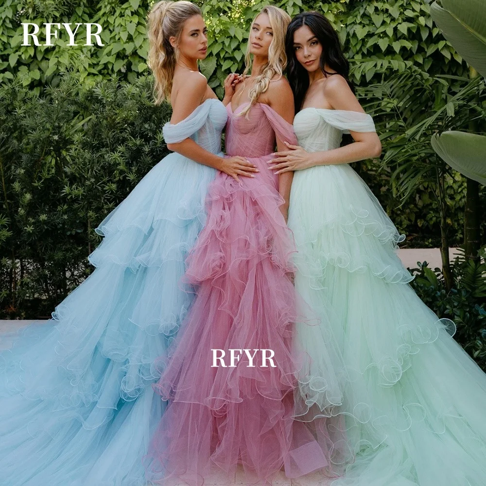 

RFYR A Line Evening Party Gowns with Layers Sweetheart Prom Dress Off Shoulder Fluffy Celebrity Dress Princess Gown Customized