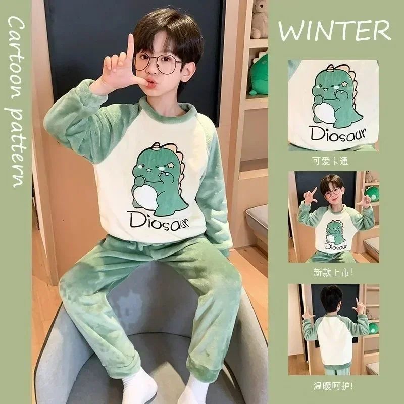 Conjuntos de pijamas cálidos de invierno de dinosaurio para niños, pijamas de franela de manga larga cómodos con dibujos animados de lana gruesa para niños y niñas