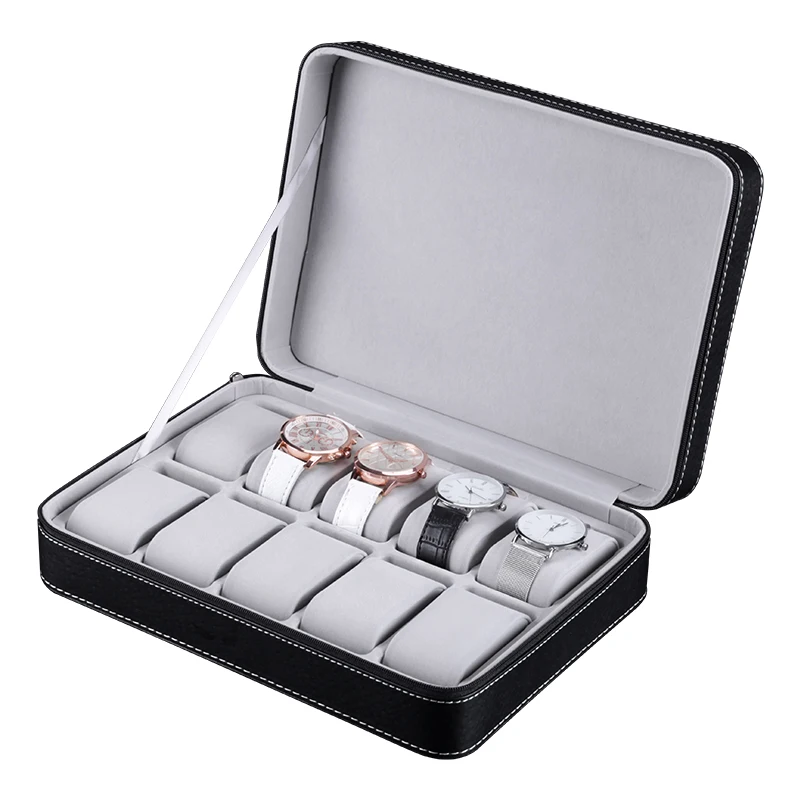 

6/10/12 Slots PU Leather Watch Zipper Box Jewelry Watch Display Travel Gift Box Organizer Portable Watches Storage Case