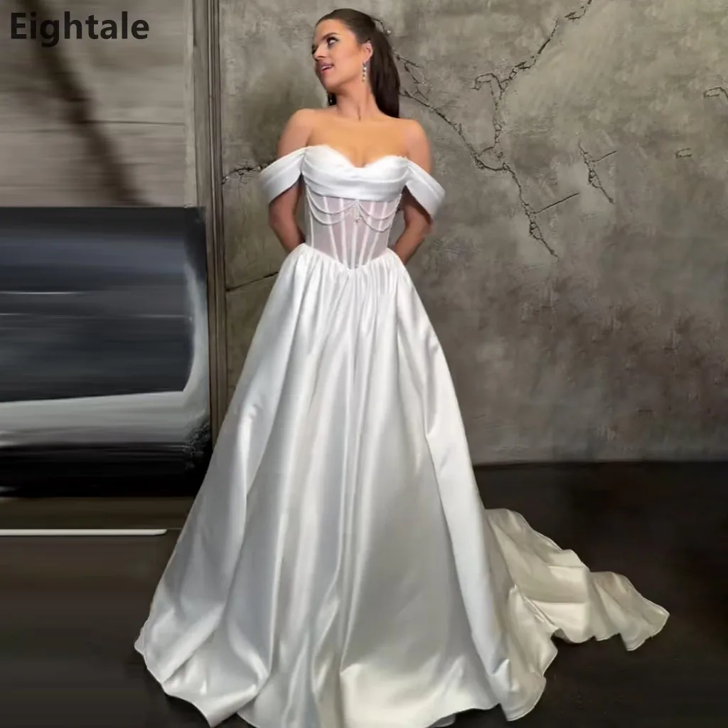

Eightale 2025 Luxury A Line Ivory Off Shoulder Pearls Wedding Dresses Bridal Gowns Satin Robe De Mariage Customized