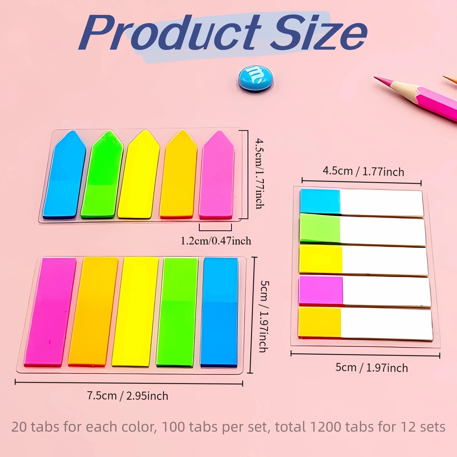 1200pcs PET Bright Color Index Sticker Tabs, Translucent Page Marker Stickers, Memo Sticker for Students, Working Plans