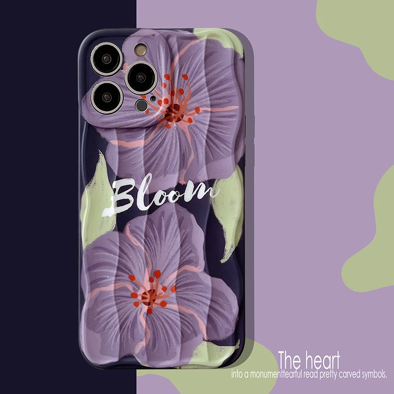 English Letters Bloom Purple Flower Case For iPhone 11 12 13 14 15 Pro Max Soft IMD Silicone Back Cover