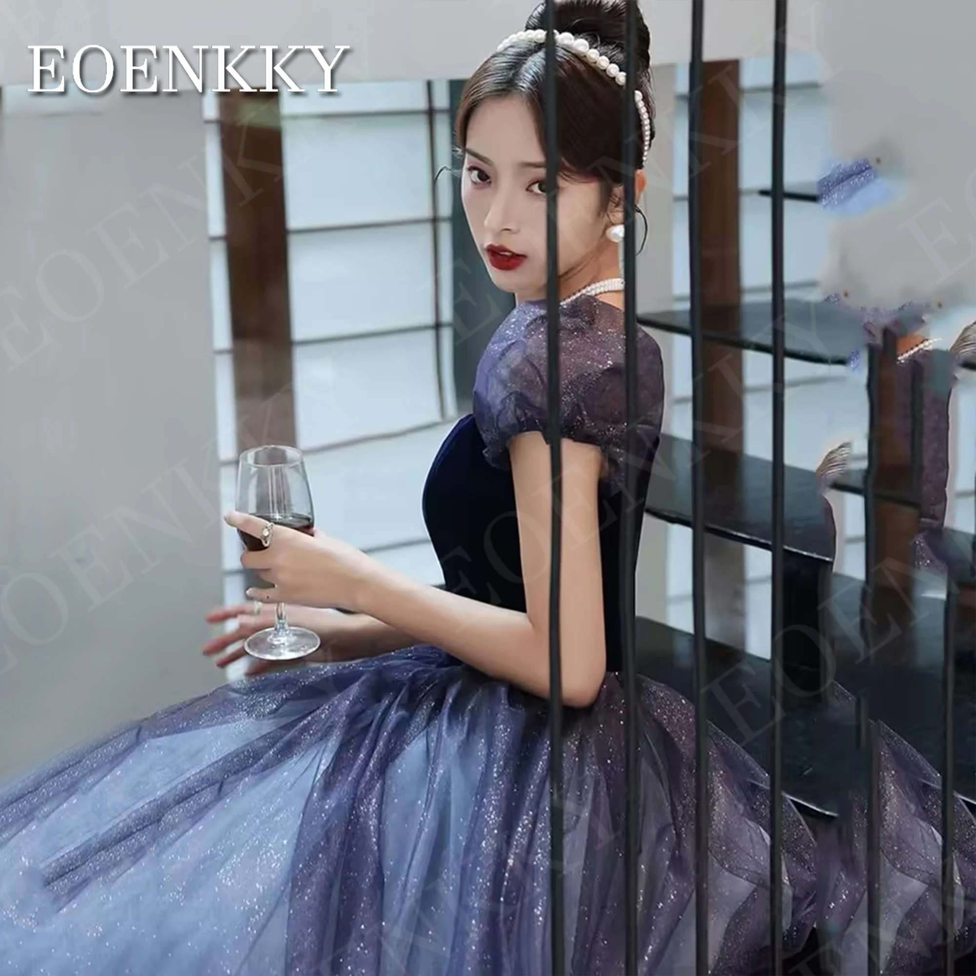 Korea Sparkly Tulle Prom Dress Princess Fairy Puff Sleeve A Line Performance Dresses For Women Floor Length Birthday 이브닝 파티 드레스