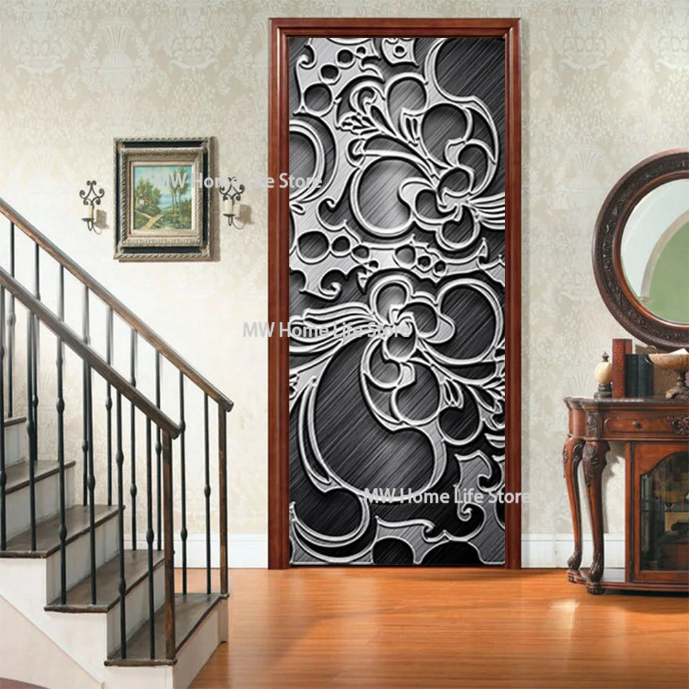 3D Metal Iron Door Stickers Vinyl Simulation Wallpaper Modern Self-adhesive Decoration Bedroom Door Poster Wall Stickers