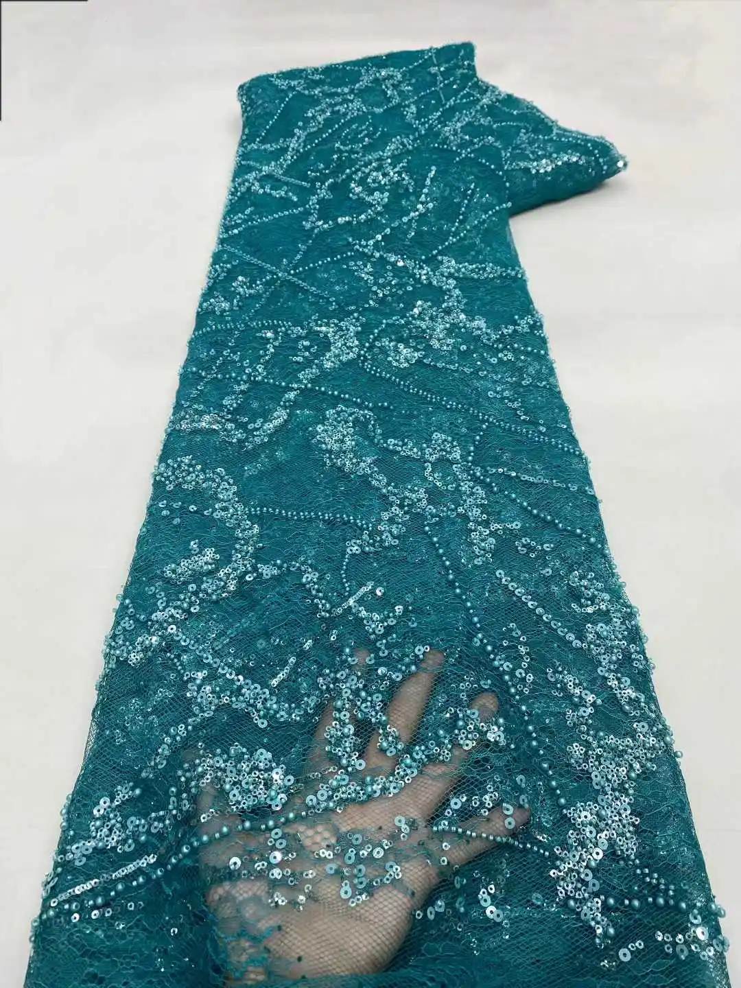 Green 5 Yards African Beads Groom Tulle Lace Fabric High Quality Sequins Embroidery French Tulle Laces for Party Sewing 2041