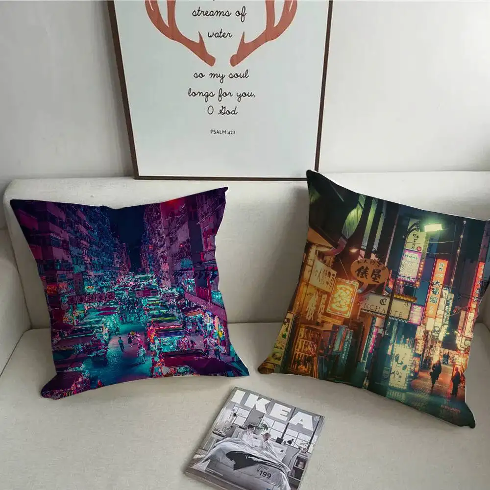Taie d'oreiller carrée en forme de ville néon, 1 pièce, à la mode, pour chambre à coucher, canapé, chambre à coucher, décoration de loisirs