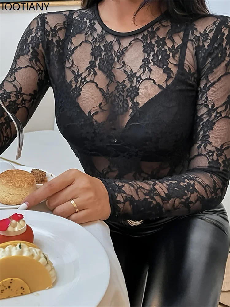 Damenmode Mesh Spitze Blumen T-Shirt Langarm Rundhals Durchsichtiges Slim Bottoming Shirt Top Frühling Sommer Herbst Shirt