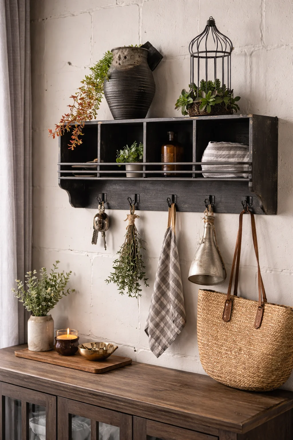 

Black Metal Wall Mounted Cabinet Shelf with Hooks, Vintage Industrial Iron Wall Organizer for Entryway, Kitchen, Living Room