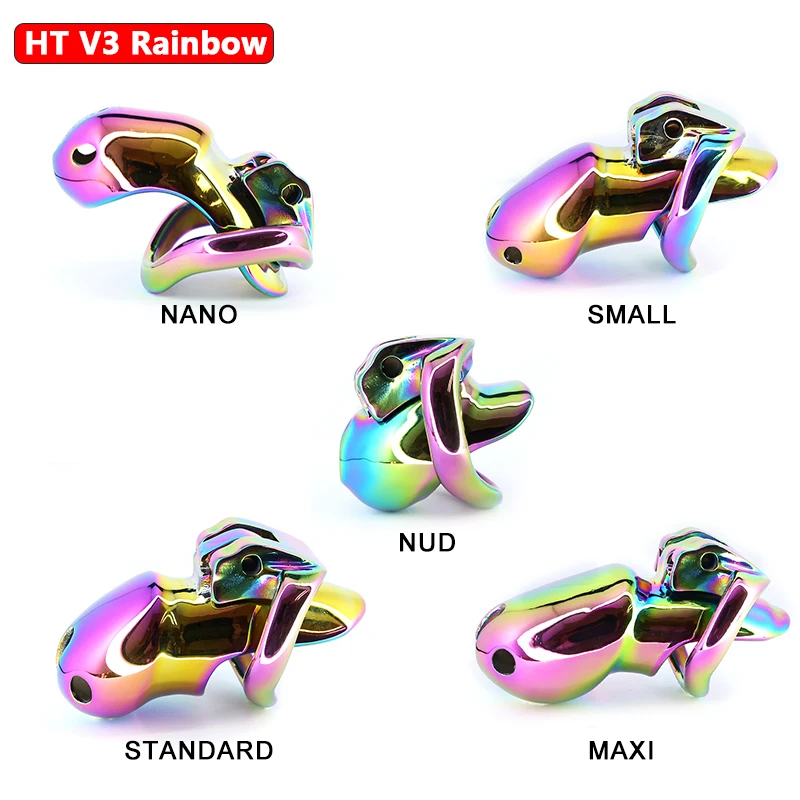 Rainbow Chastity Cage Set para homens, gaiola masculina de aço inoxidável Cock, Penis Ring, Lock Metal, BDSM Belt, Sex Toys, HTV3, 5 tamanhos