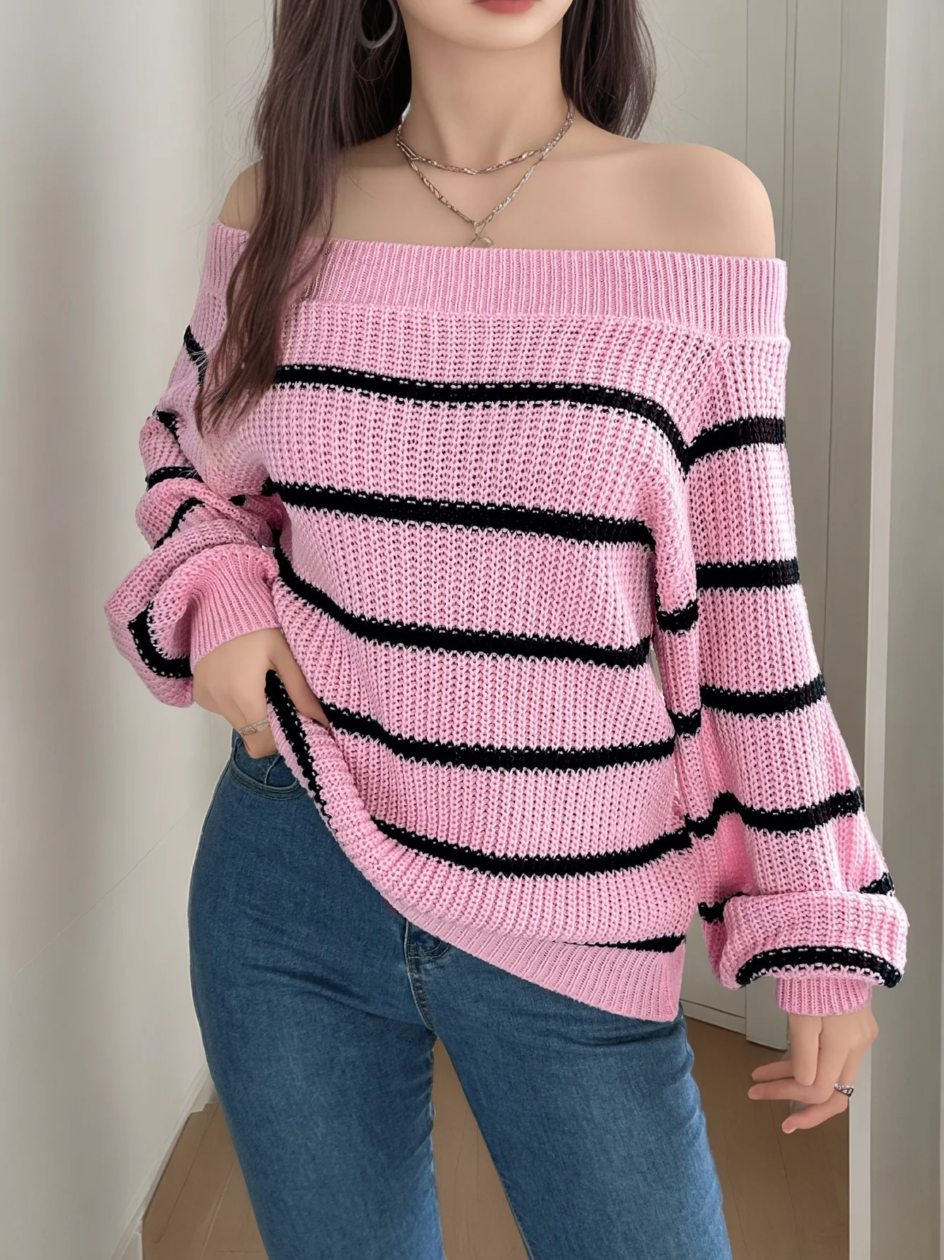 Damen-Pullover, schulterfrei, Herbst-Outfits, modisch, 2025, übergroßer Strickpullover, Fledermaus-Langarm, Häkelpullover, Kleidung